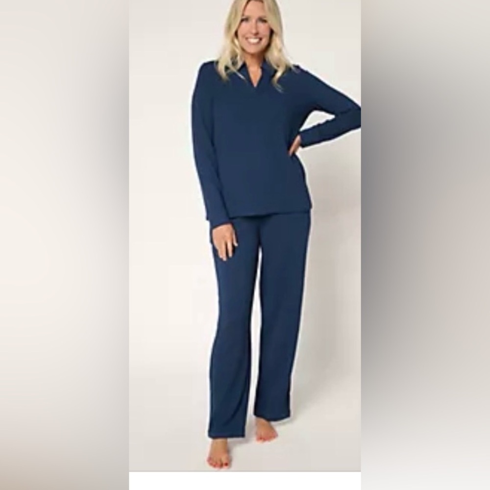 Cuddl Duds Tall Soft Rib Lounge Set -Dress Blue - Size MT